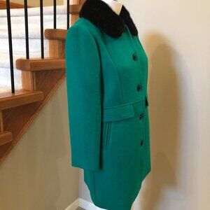 Talbots Petites Lined Cozy Wool Coat w Detachable Faux Fur Collar Green Sz 8P